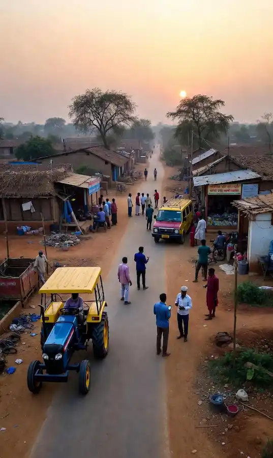 Rural Indian village scene showing farmers and villagers connected through nearby services